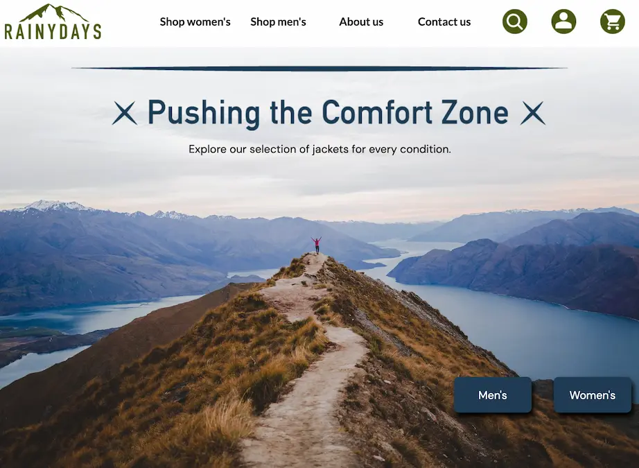 Screenshot of RainyDays e-commerce website showing a navbar, the moto 'Pushing the Comfort Zone', and call-to-action buttons for men's and women's clothes.